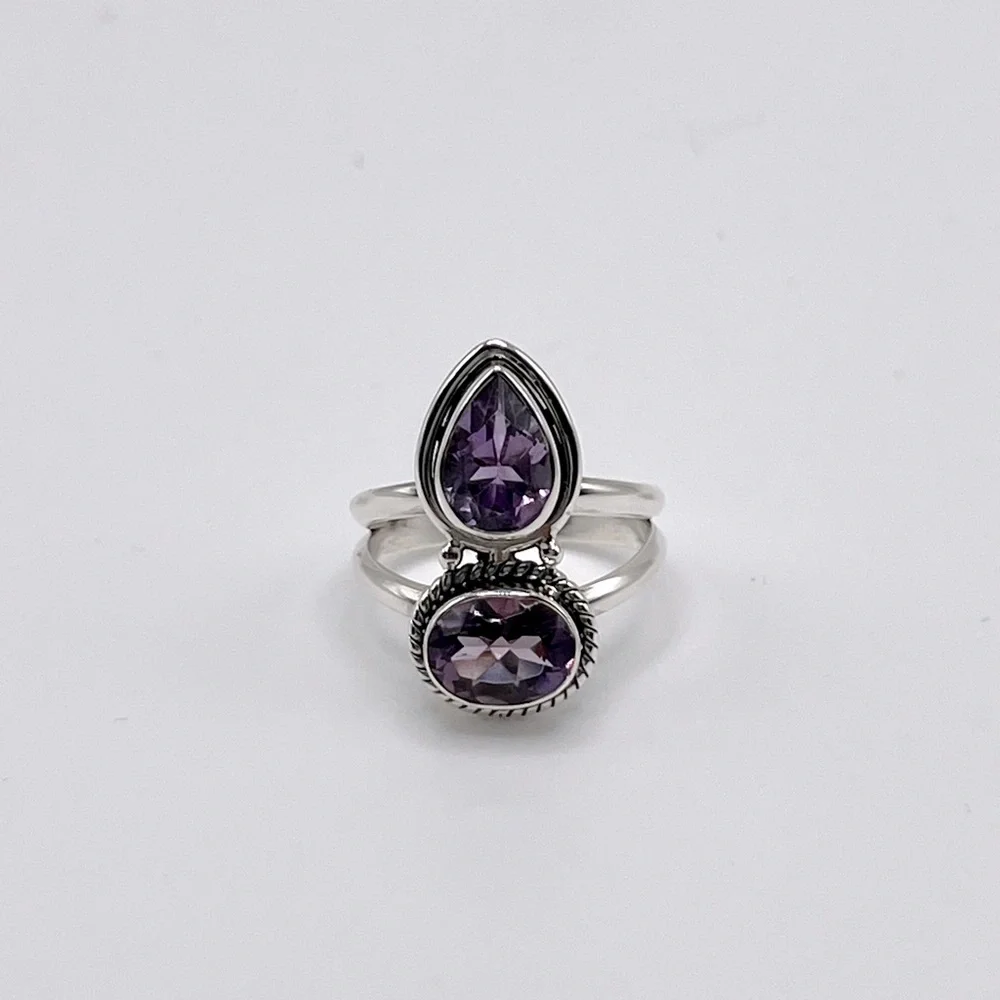 Genuine Faceted Amethyst Oval & Tear Drop .925 Sterling Silver Ring - Picture 15 of 17